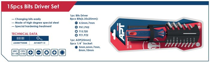 ⁦مفك 2 لون سنون + لقم 15 قطعة اي بي تي موديل APT  AH145377-15⁩ - الصورة ⁦2⁩