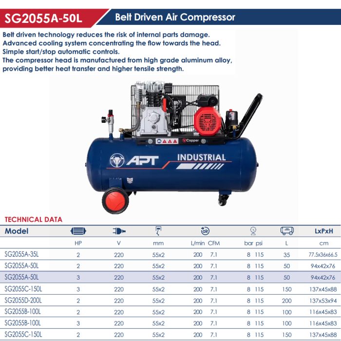 ⁦كمبروسر اي بي تي نحاس سعة 50 لتر 3 حصان سير 220 فولت موديل APT - SG2055A-50L-3HP⁩ - الصورة ⁦2⁩