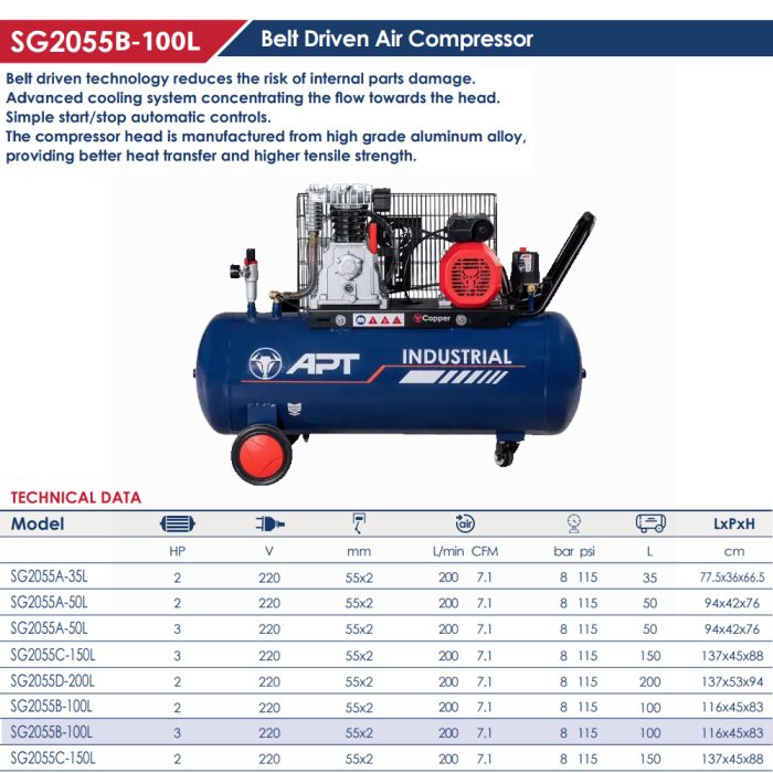 ⁦كمبروسر اي بي تي سعة 100 لتر 3 حصان سير صينى 220 فولت  موديل APT - SG2055B-100L-3HP⁩ - الصورة ⁦2⁩