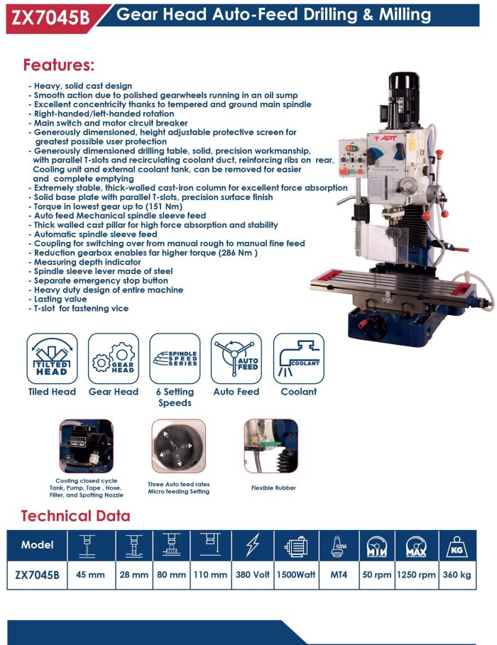 ⁦مثقاب فريزة اي بي تي 45مم جيربوكس 1500وات تبريد مياة 380فولت موديل APT  ZX7045B⁩ - الصورة ⁦2⁩