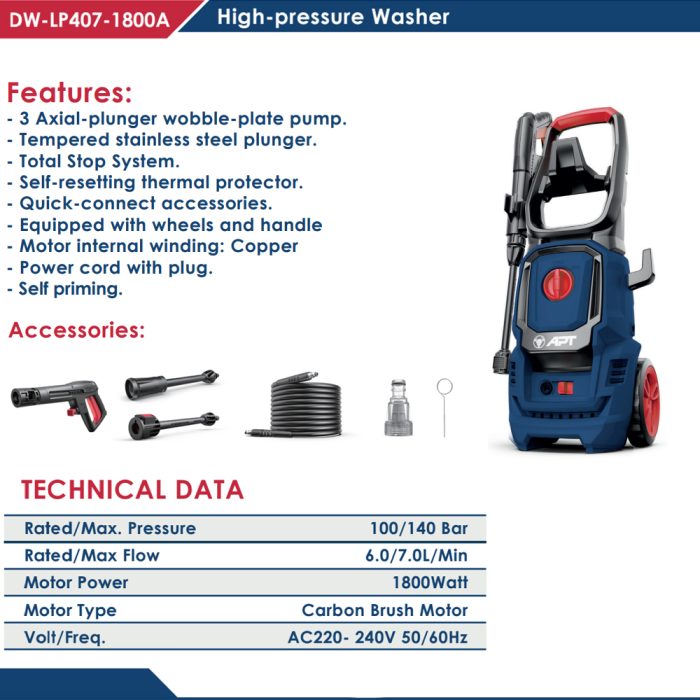 ⁦ماكينه غسيل اي بي تي 150 بار  1800 وات 420 لتر/ساعة ملفات نحاس APT DW-LP407-1800A⁩ - الصورة ⁦2⁩
