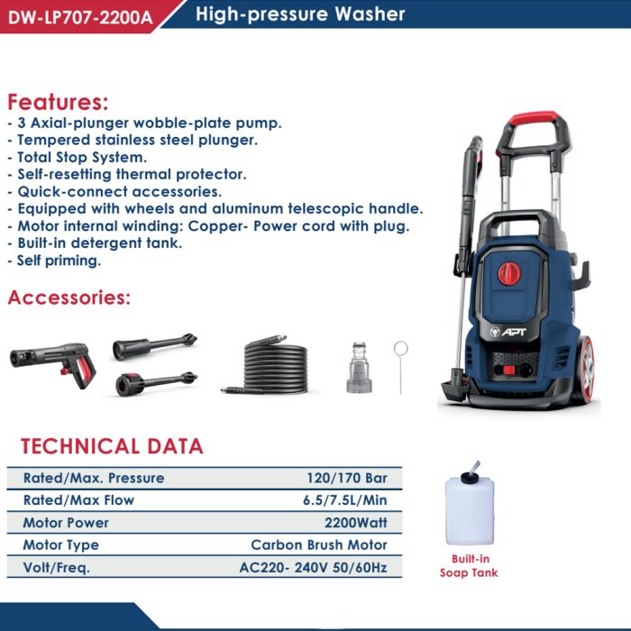 ⁦ماكينه غسيل اي بي تي 170 بار  2200 وات 450 لتر/ساعة ملفات نحاس APT  DW-LP707-2200A⁩ - الصورة ⁦2⁩