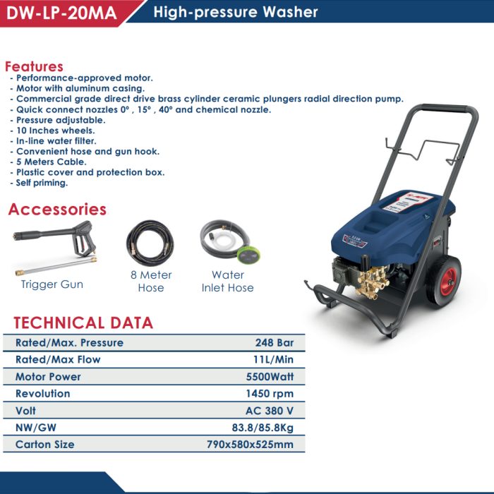 ⁦ماكينه غسيل اي بي تي 248 بار  5500 وات 660 لتر/ساعة 380 فولت ملفات نحاس - موتور صناعي APT DW-LP-20MA⁩ - الصورة ⁦2⁩