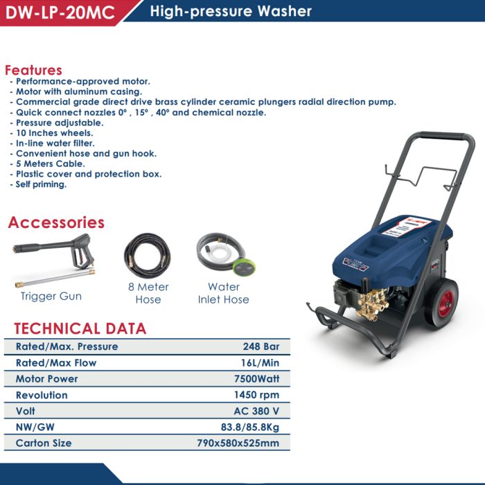 ⁦ماكينه غسيل اي بي تي 248 بار 7500 وات 960 لتر/ساعة 380 فولت ملفات نحاس - موتور صناعي APT DW-LP-20MC⁩ - الصورة ⁦2⁩
