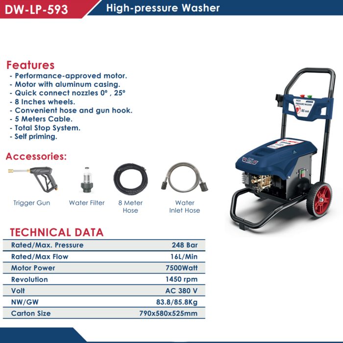 ⁦ماكينه غسيل اي بي تي 85 بار 600 لتر/ساعة 2200 وات ملفات نحاس - موتور صناعي  APT DW-LP-593⁩ - الصورة ⁦2⁩