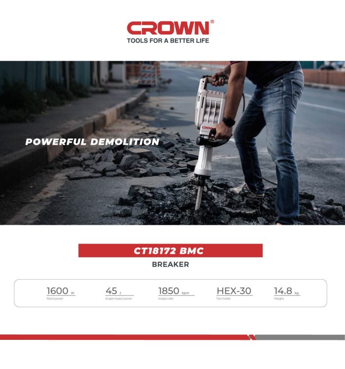 ⁦كيت شاكوش تكسير كراون 1600 وات 15 كجم شنطه بلاستيك CROWN CT18172 j45⁩ - الصورة ⁦2⁩