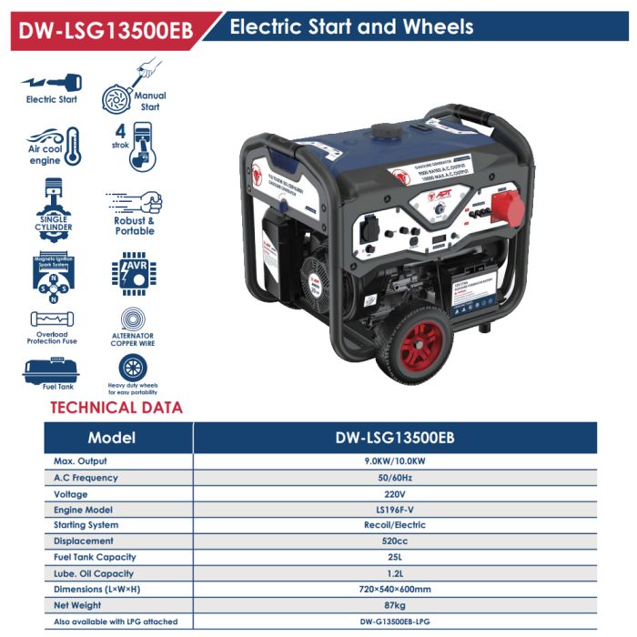 ⁦مولد كهرباء اي بي تي 220 فولت بنزين مارش عجل 9-10 كيلو وات APT DW-LSG13500EB⁩ - الصورة ⁦2⁩