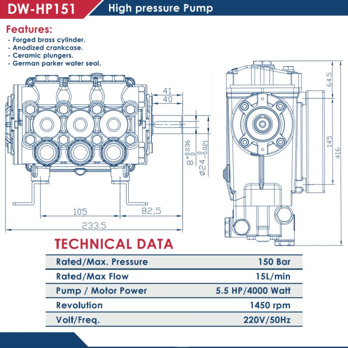 ⁦طلمبة غسيل اي بي تي ضغط عالى 150 بار 15 لتر / دقيقة - وش نحاس APT DW-HP151⁩ - الصورة ⁦2⁩