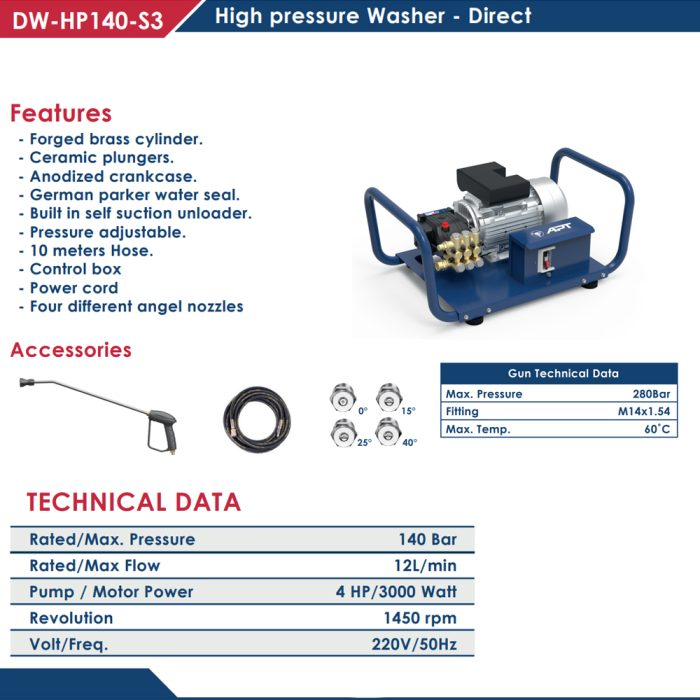 ⁦مجموعة غسيل اي بي تي 140 بار 4 حصان 220 فولت  مباشر مسدس بدون زناد  APT DW-HP140-S3⁩ - الصورة ⁦2⁩