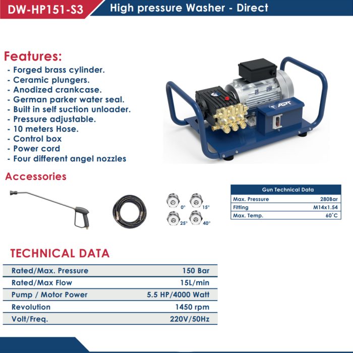 ⁦مجموعة غسيل اي بي تي 150 بار 5.5 حصان 220 فولت  مباشر مسدس بدون زناد  APT DW-HP151-S3⁩ - الصورة ⁦2⁩